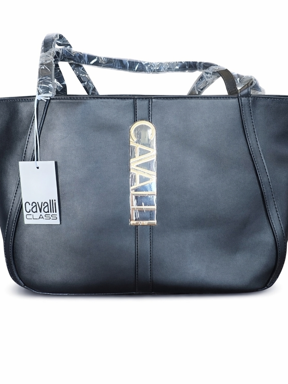 NWT Cavalli Class Big Black Sandra Shopper Tote With Gold Hardware